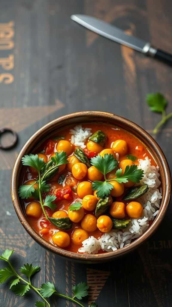 A bowl of chickpea and spinach curry with rice, garnished with cilantro.