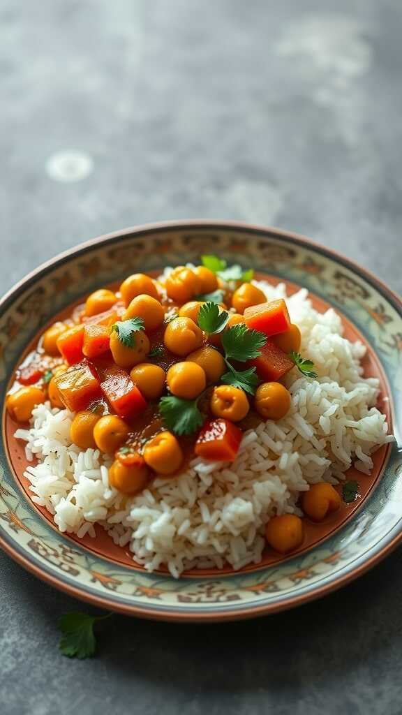 A vibrant chickpea curry served over fluffy rice, garnished with fresh cilantro.