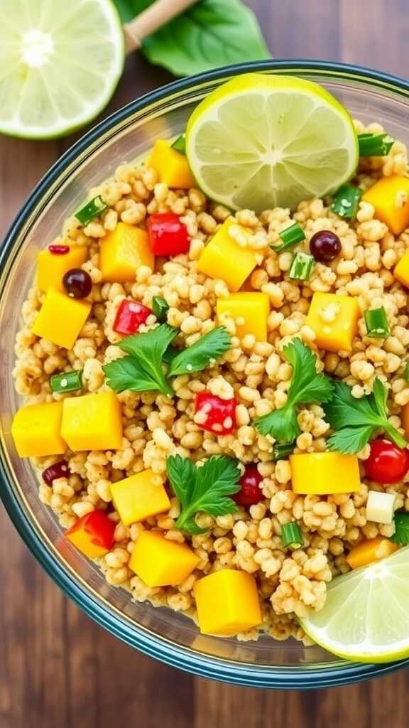 A vibrant bowl of Chili Lime Mango Quinoa Salad with diced mango, black beans, and fresh cilantro.