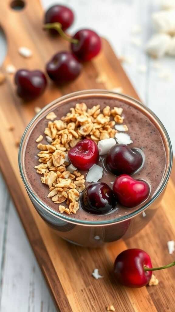 Chocolate cherry smoothie bowl topped with granola and fresh cherries