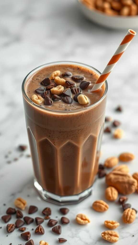 A delicious Chocolate Peanut Butter smoothie garnished with chocolate chips and peanuts