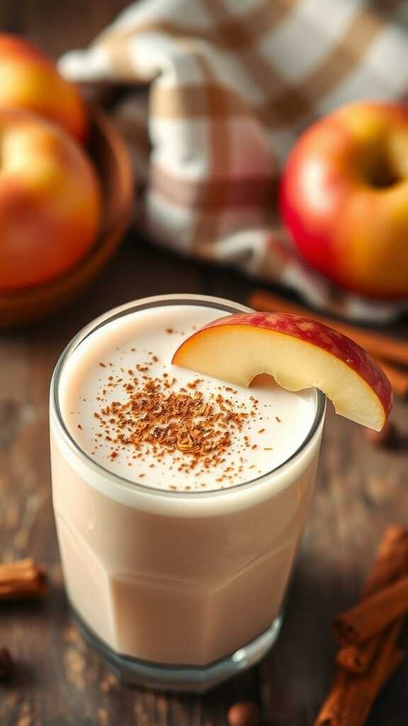 A creamy Cinnamon Apple Smoothie topped with cinnamon and a slice of apple.