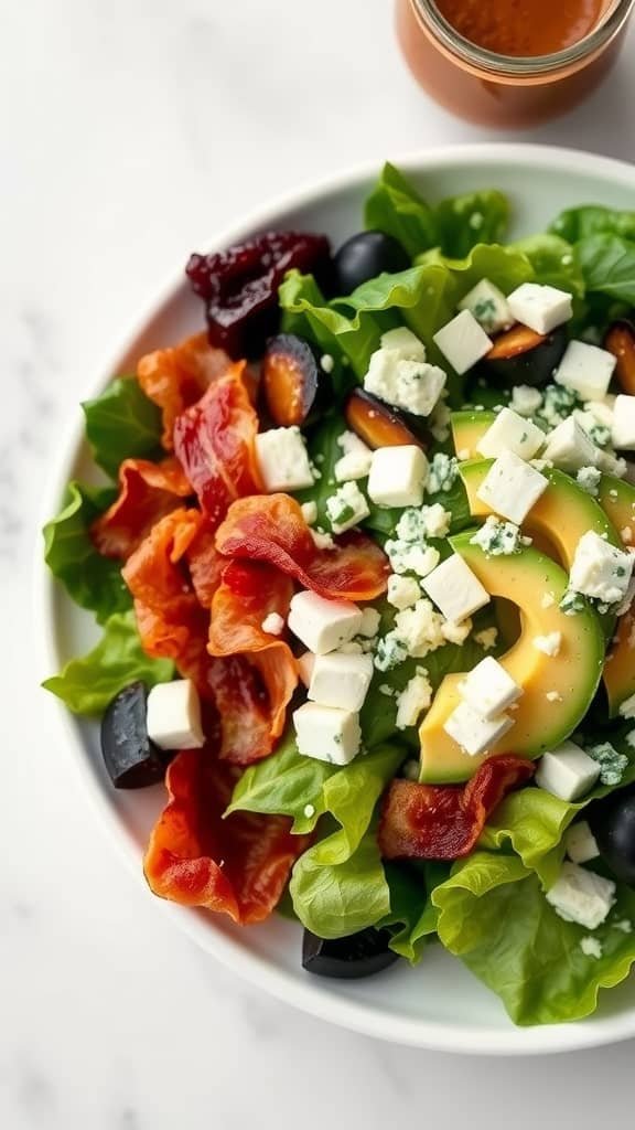 A colorful Cobb salad featuring greens, bacon, blue cheese, cherry tomatoes, avocado, and olives in a bowl.