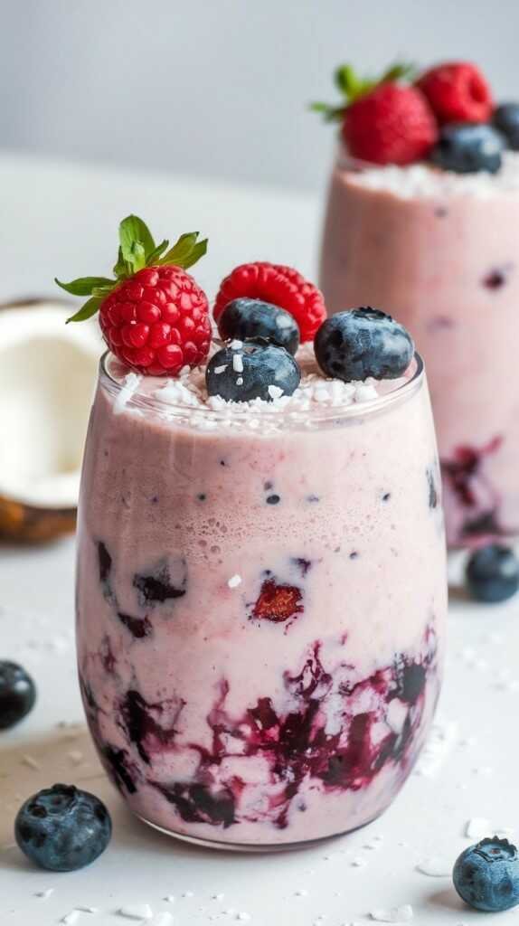 Coconut Berry Bliss smoothie with strawberries, blueberries, and coconut flakes