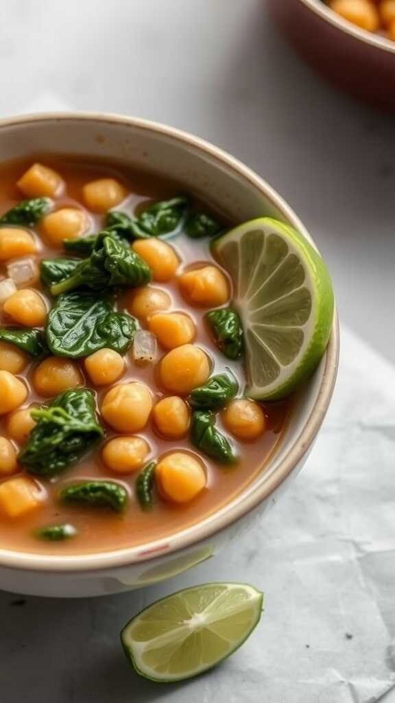 A bowl of Coconut Chickpea and Spinach Stew with chickpeas, spinach, and coconut milk.