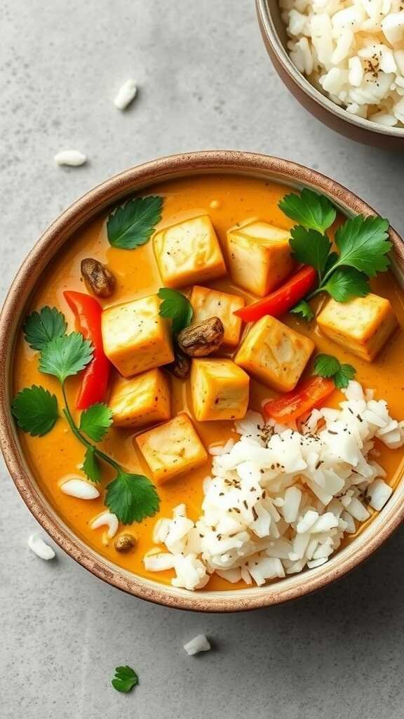 Delicious coconut curry with tofu served with rice, garnished with fresh cilantro