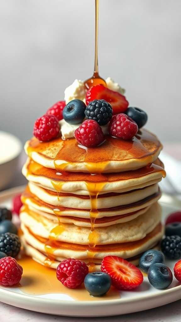 A stack of coconut flour pancakes topped with fresh berries and syrup.