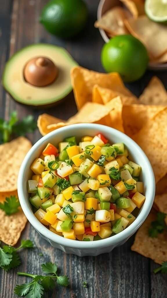 A bowl of colorful corn and avocado salsa with tortilla chips