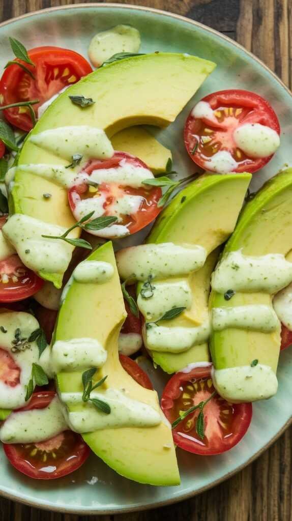 A bowl of creamy avocado and tomato salad with fresh herbs