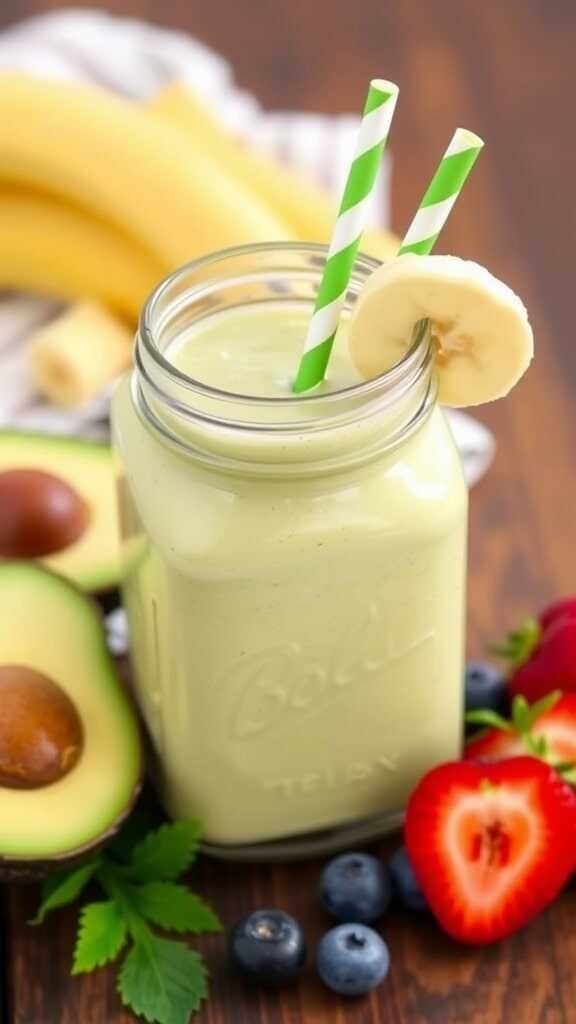 A creamy avocado banana smoothie in a glass jar with slices of banana and avocado around it.