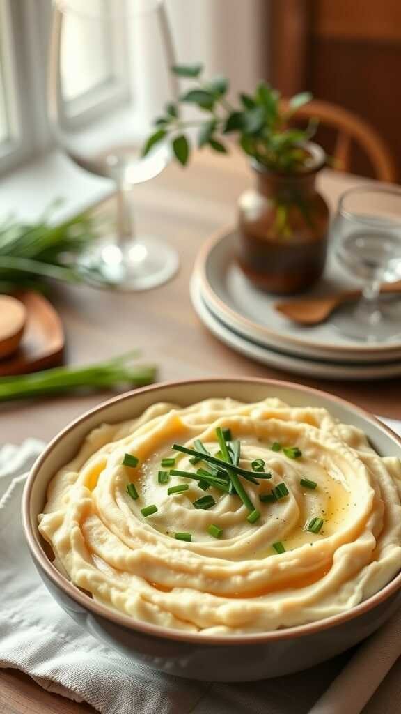 A serving of creamy cauliflower mash topped with fresh chives in a bowl.