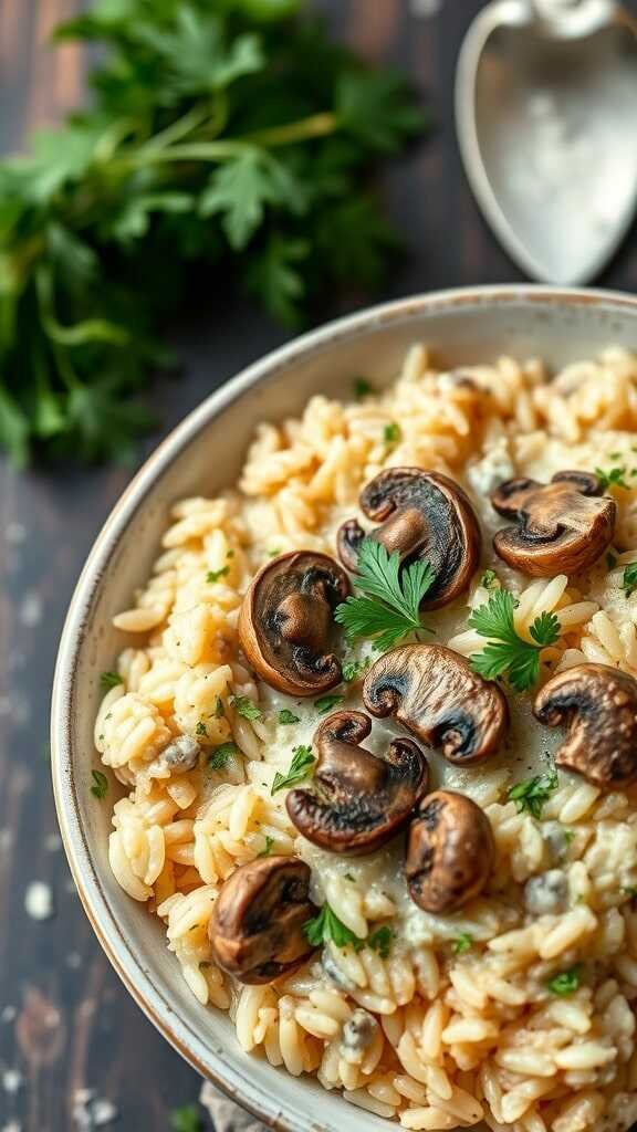 A bowl of creamy mushroom risotto topped with sautéed mushrooms and fresh parsley.