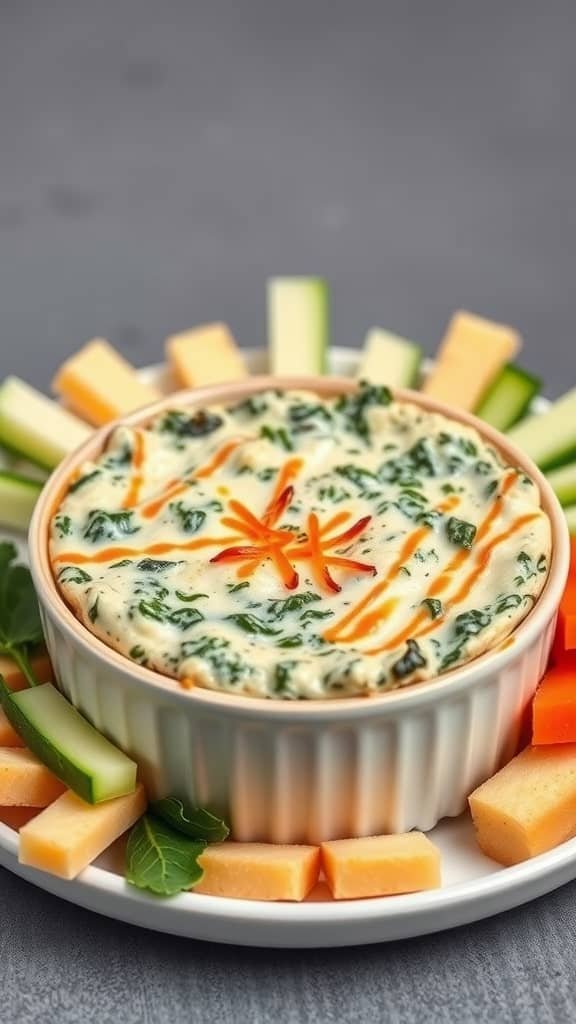 Creamy spinach and artichoke dip served with fresh vegetable sticks.