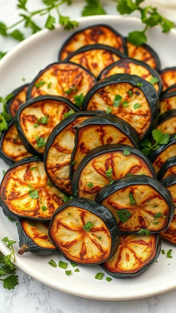 Crispy roasted eggplant slices garnished with parsley on a white plate.