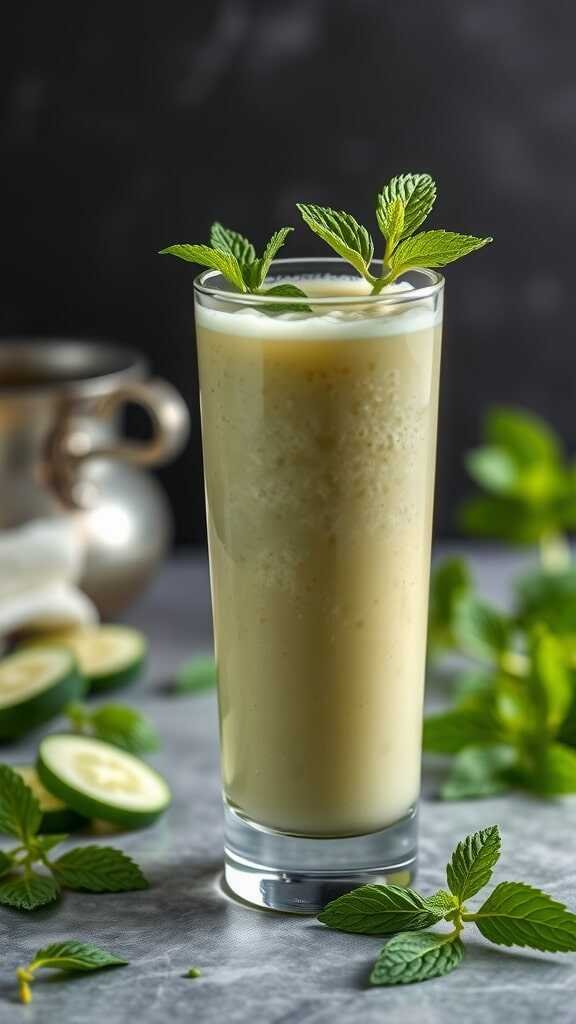 A refreshing cucumber mint detox smoothie in a tall glass, garnished with mint leaves.