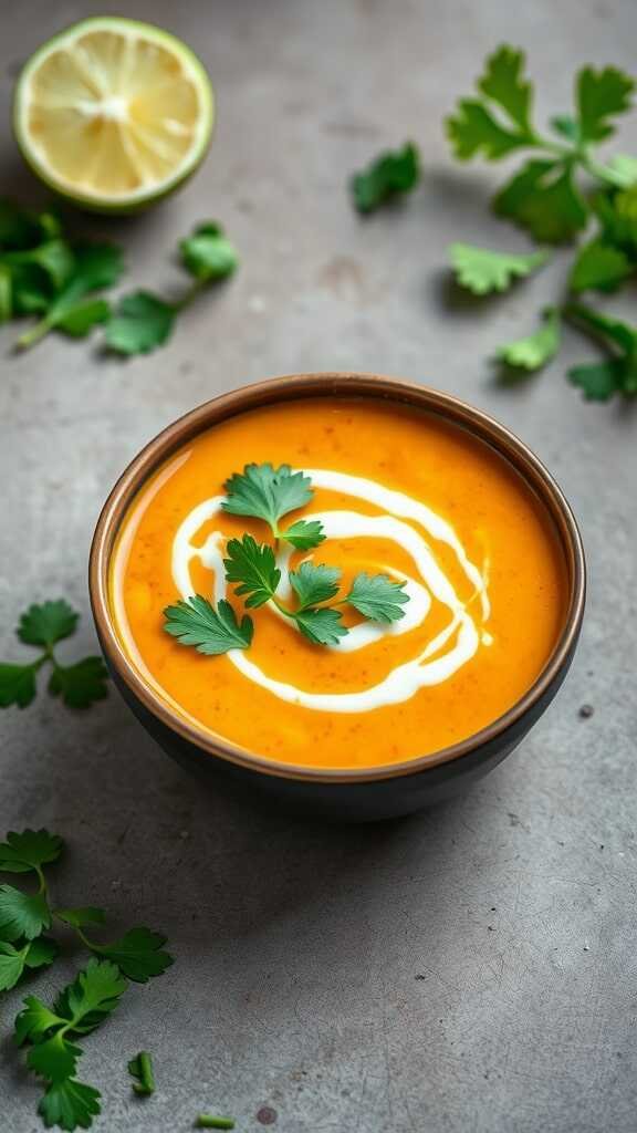 A bowl of curried sweet potato and coconut soup garnished with cilantro, served with lime.