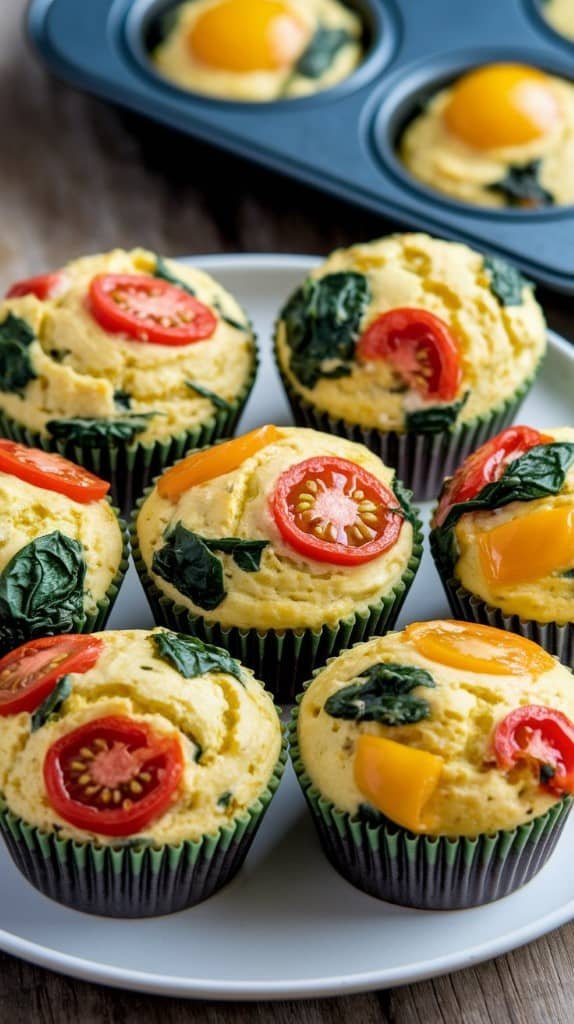 Savory muffins on a white plate feature vibrant cherry tomatoes, spinach, and bell peppers. Baking tray in the background.