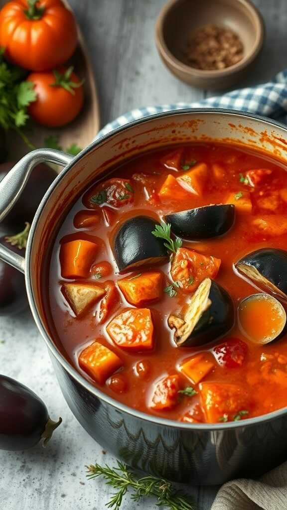 A pot of eggplant and tomato stew filled with colorful vegetables