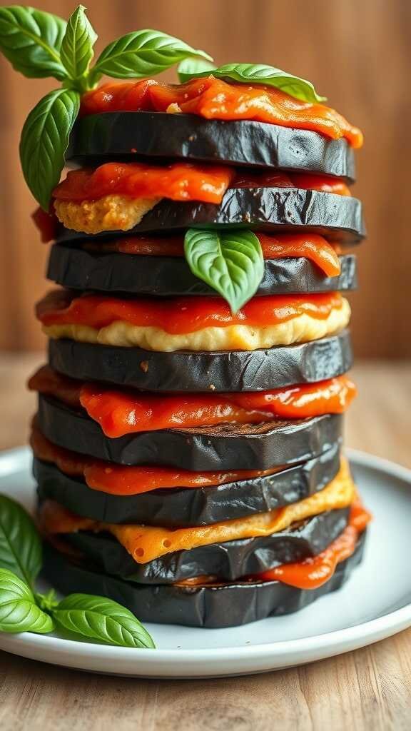 A stack of eggplant slices layered with marinara sauce and vegan cheese, garnished with fresh basil.