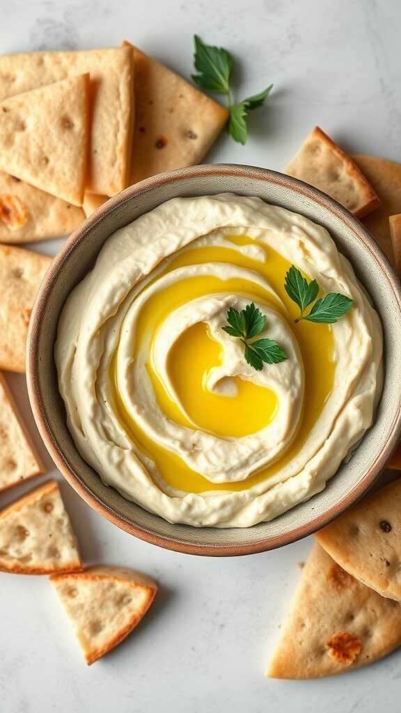 A bowl of creamy garlic lemon hummus garnished with olive oil and parsley, surrounded by pita chips.