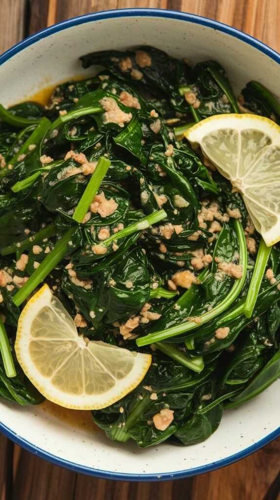 Garlicky sautéed spinach with lemon slices in a skillet