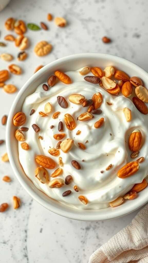 Bowl of Greek yogurt topped with a variety of nuts and seeds, ready to be enjoyed.