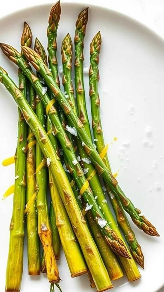 Grilled asparagus with lemon zest on a white plate