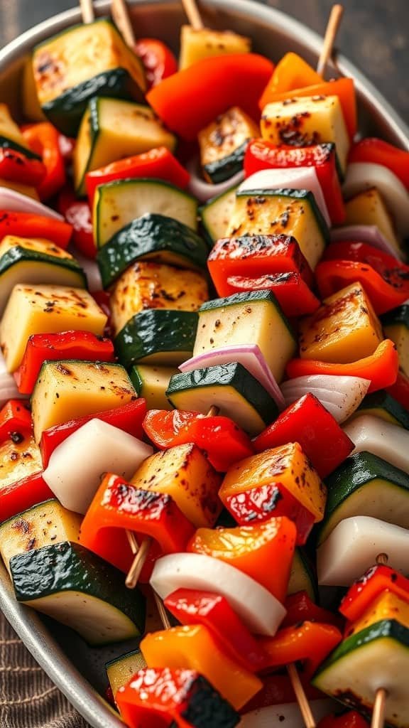 A platter of colorful grilled vegetable skewers made with zucchini, bell peppers, and onion.