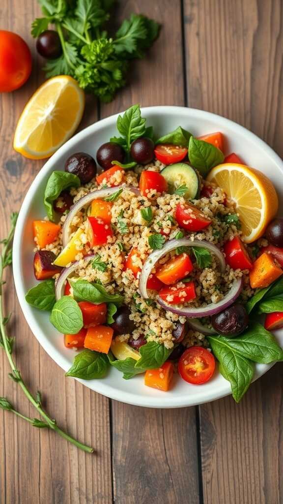 A vibrant herbed quinoa salad with fresh vegetables and a lemon wedge.