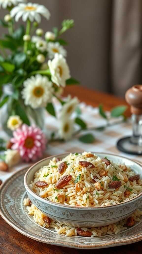 A bowl of herbed rice pilaf with nuts, garnished with herbs, served on a decorative plate.