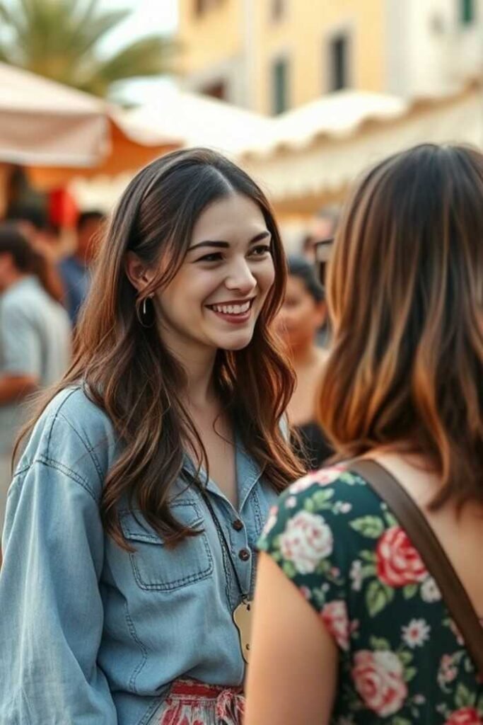 Two people are conversing outdoors. One is wearing a denim shirt and the other a floral dress. The background shows a market scene.