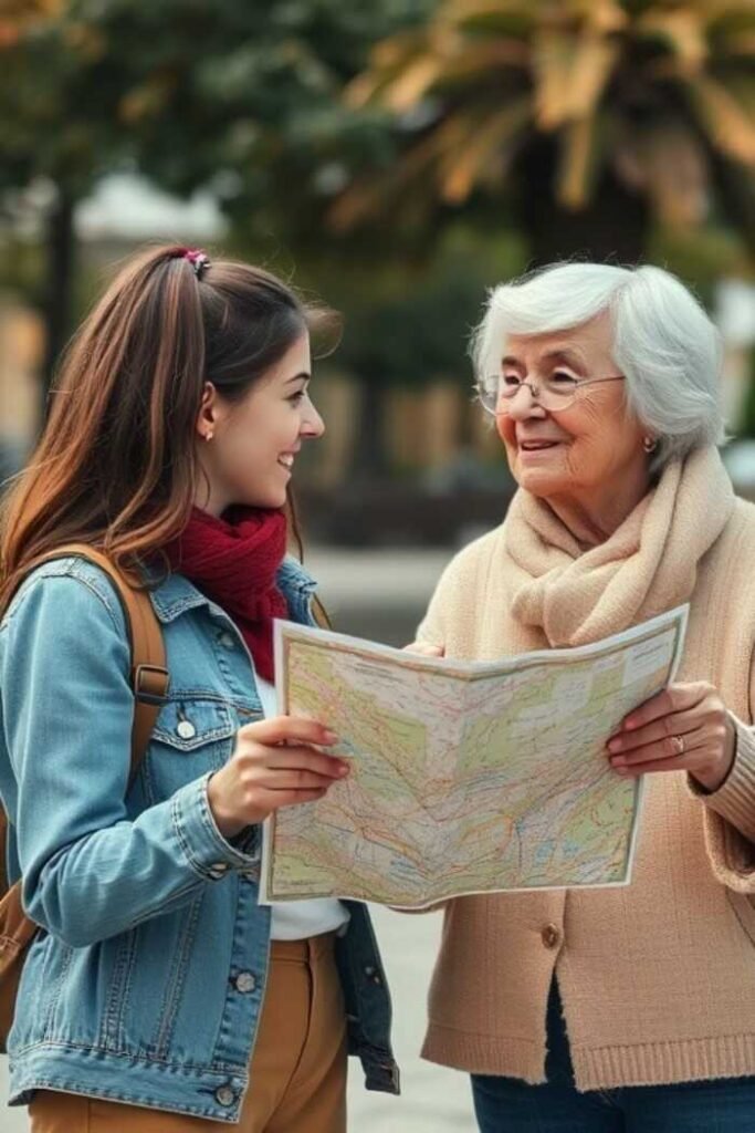 Two individuals are outdoors, examining a map together. One person is holding the map while the other points at it.