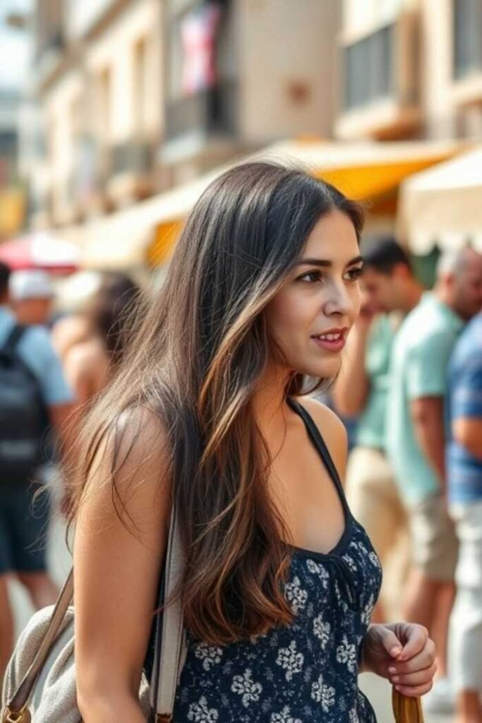 A person with long, wavy hair stands outdoors in a busy, sunlit street market, wearing a dark floral top and carrying a bag.