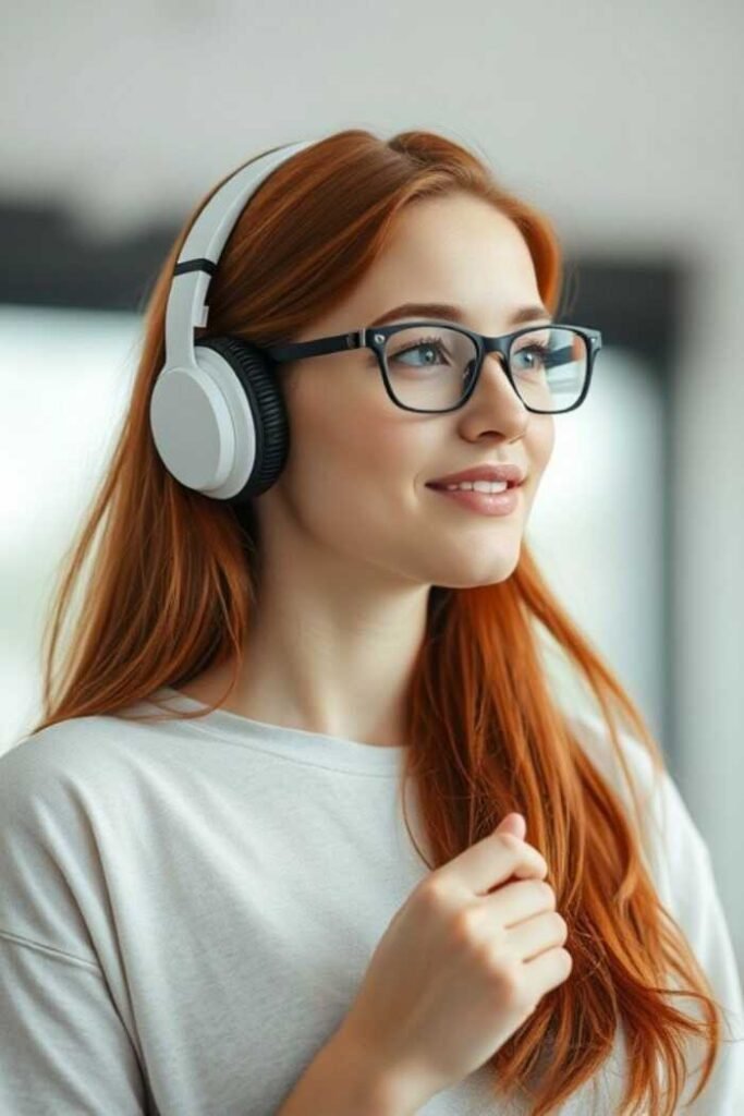 A person with long hair is wearing white over-ear headphones and glasses, dressed in a light-colored shirt. They appear to be listening attentively.