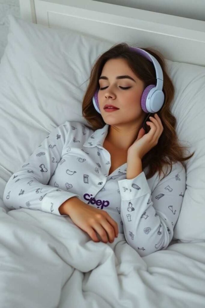 A person is lying in bed, wearing white pajamas with small printed designs and headphones, with the word "Sleep" on the pajamas.