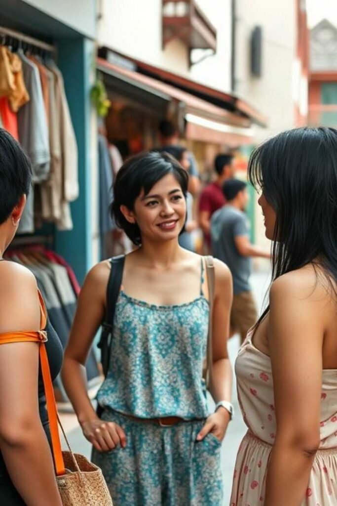 Three people are standing and conversing in an outdoor market area with clothing shops in the background.