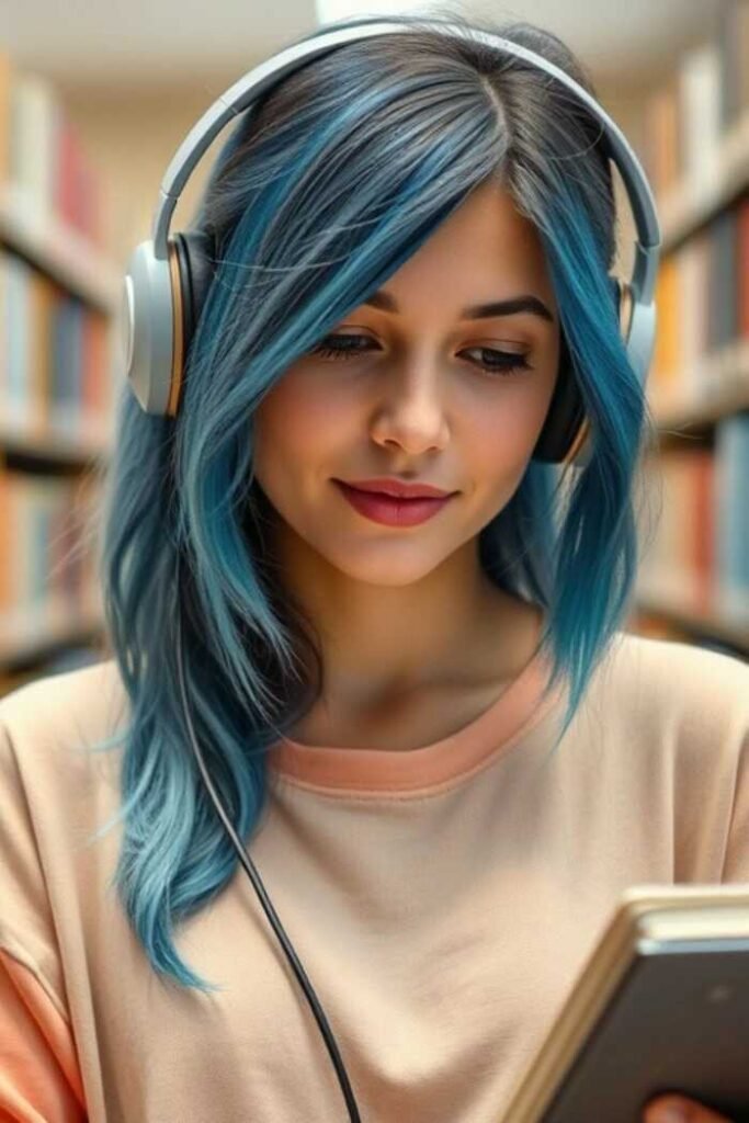 A person with streaky blue hair is wearing headphones and holding a book or tablet in a library setting.