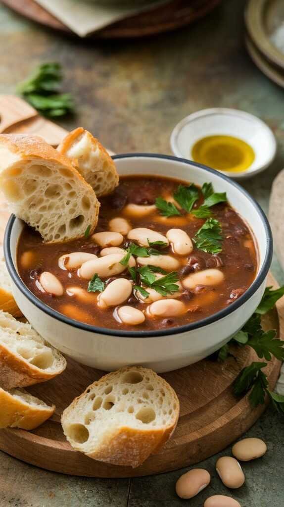 A bowl of Italian Cannellini Bean Soup served with a slice of bread and garnished with parsley.