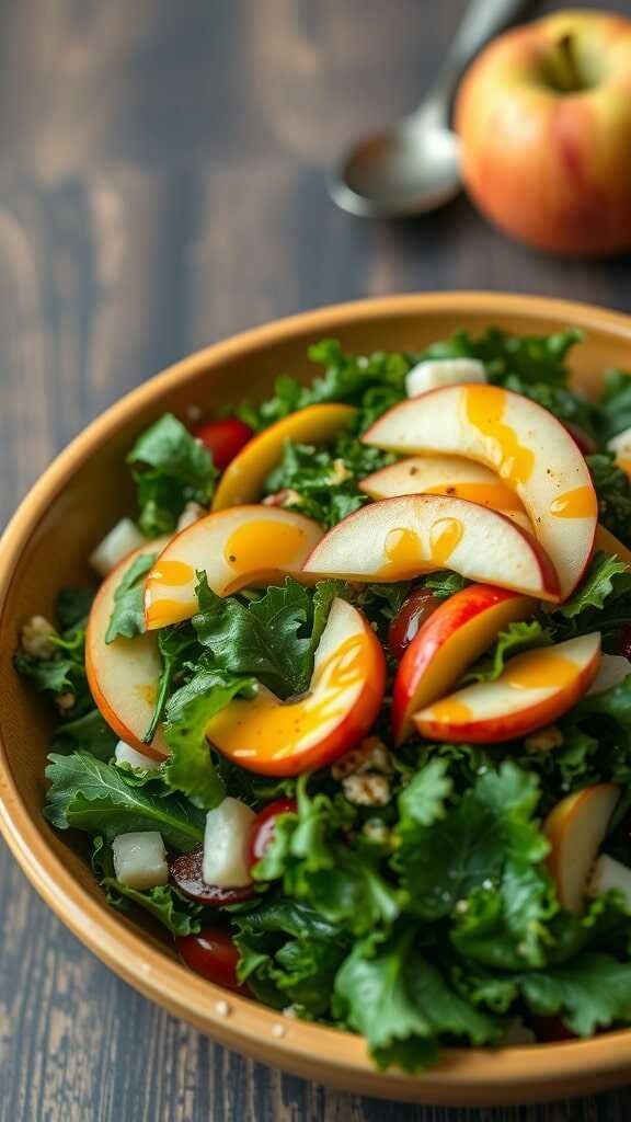 A fresh kale and apple salad with maple dressing, topped with apple slices and nuts in a wooden bowl.