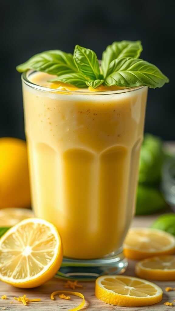 A refreshing lemon basil smoothie with lemon slices and basil leaves.