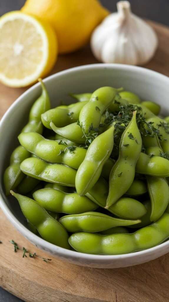 A bowl of Lemon Garlic Edamame garnished with parsley.