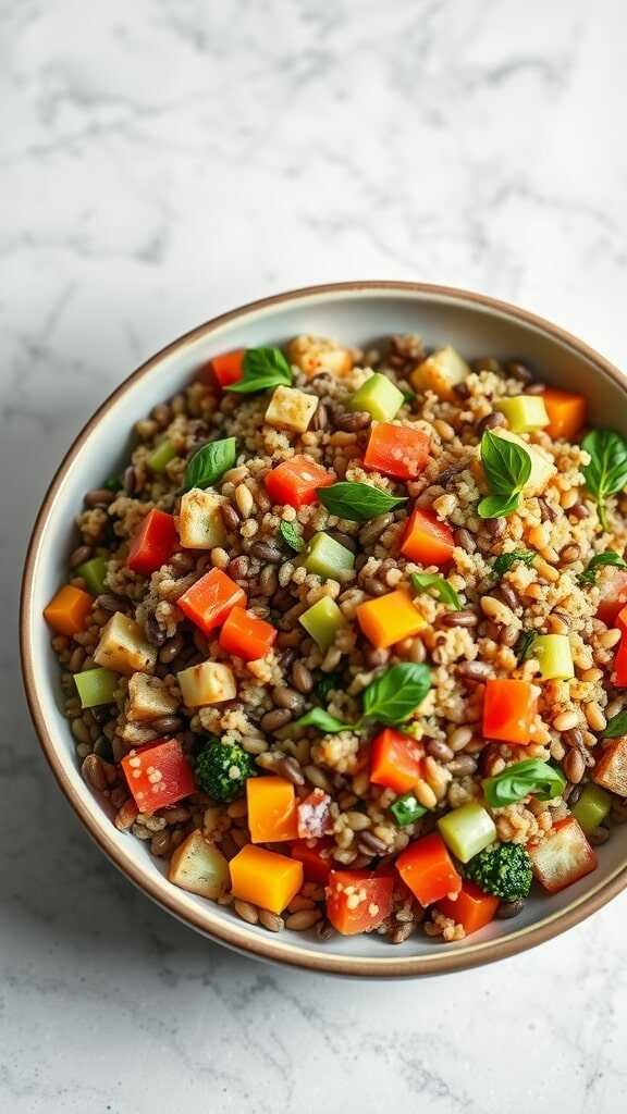 A colorful bowl of lentil and quinoa salad with various diced vegetables.