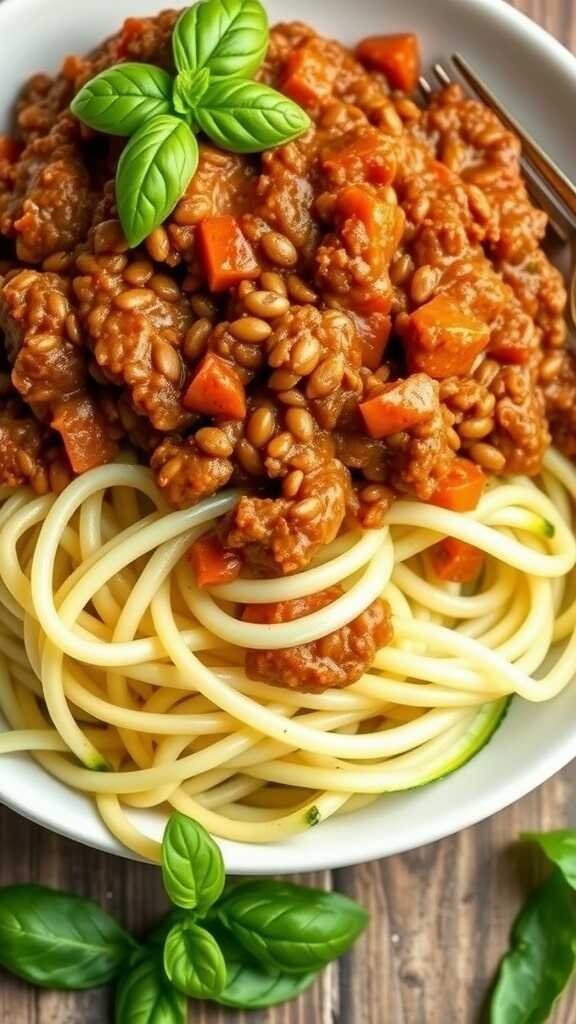 A bowl of lentil bolognese served over spiralized zucchini noodles, garnished with fresh basil.