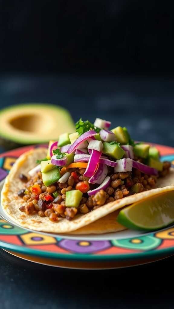 Delicious lentil tacos topped with avocado slaw