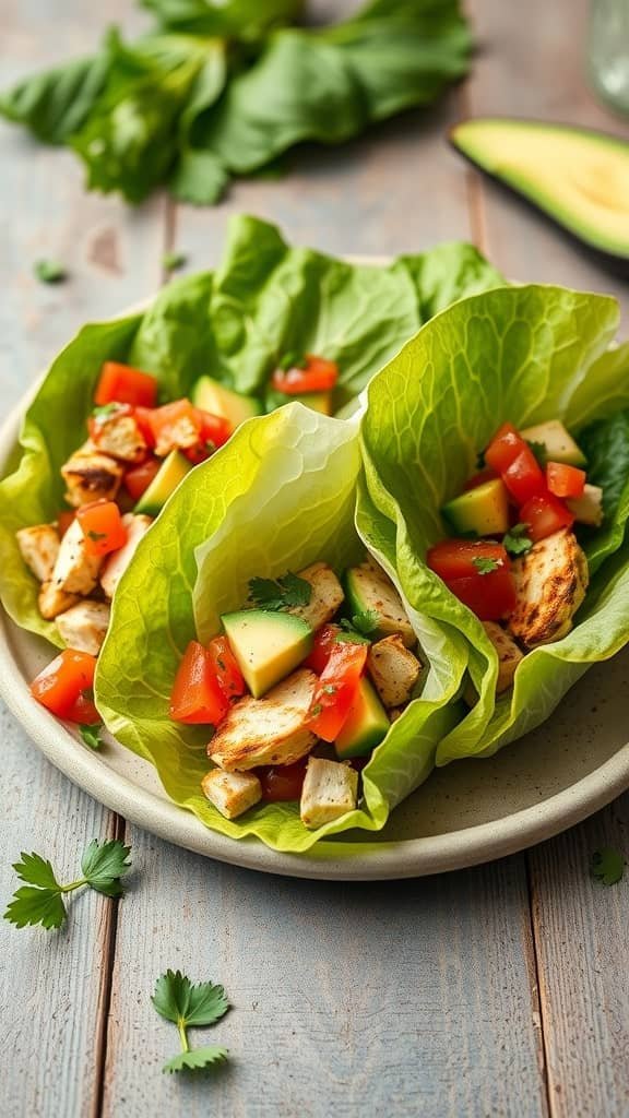 A plate of lettuce wraps filled with grilled chicken, tomatoes, and avocado.