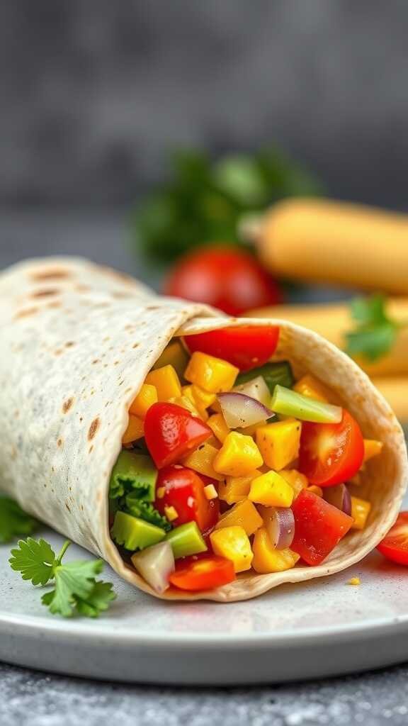 A healthy low carb breakfast burrito filled with colorful veggies.