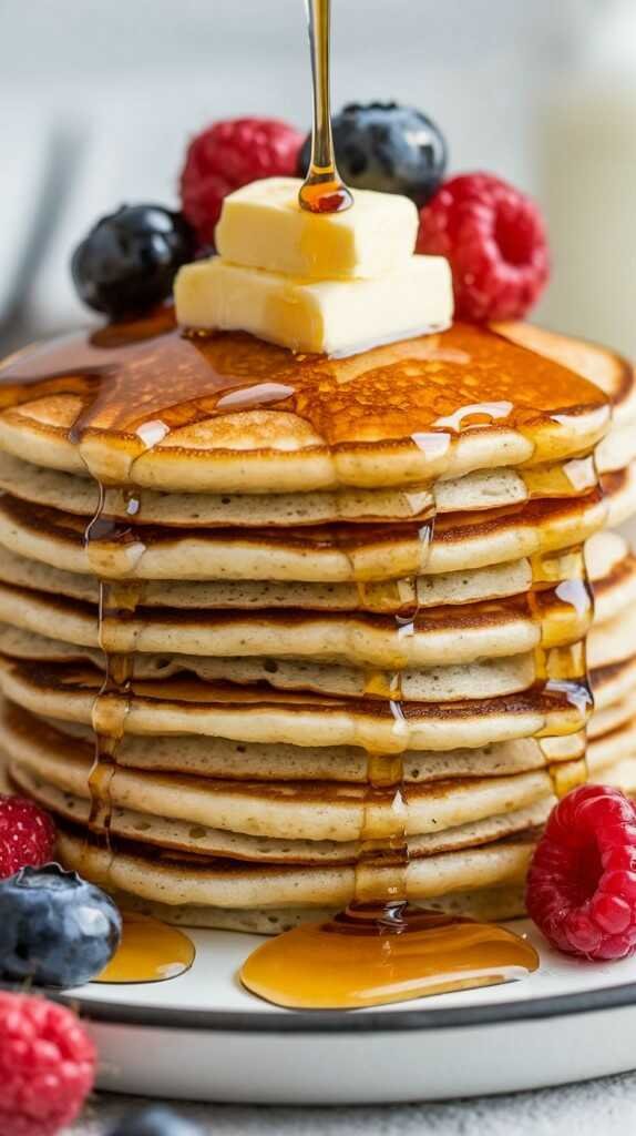 Stack of golden pancakes with syrup dripping down, garnished with blueberries and raspberries.