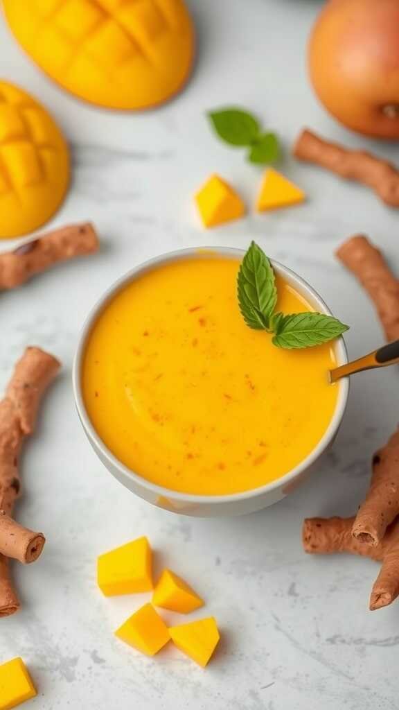 A vibrant mango turmeric smoothie in a bowl, garnished with mint leaves, surrounded by mango pieces and cinnamon sticks.