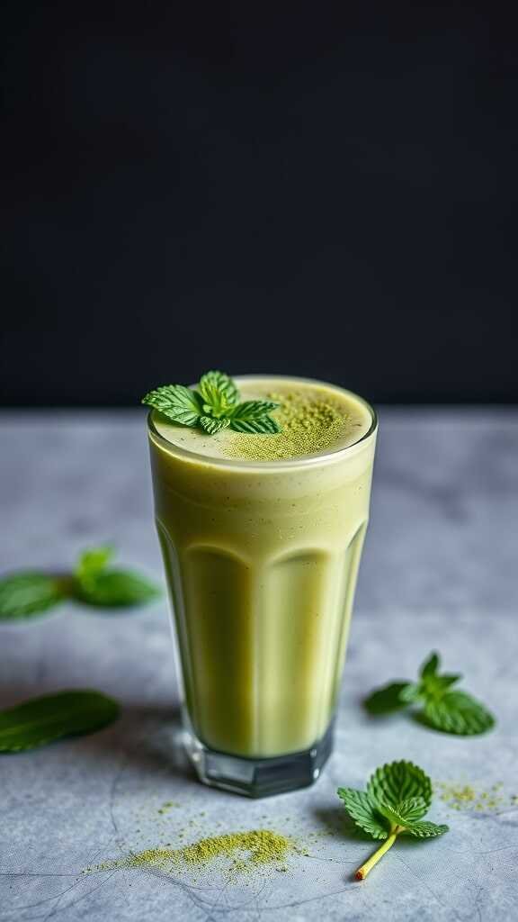 Creamy green matcha mint smoothie in a glass with mint leaves around it.