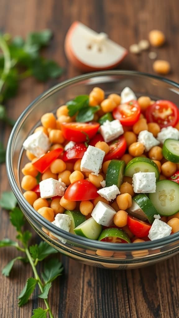 A bowl of Mediterranean Chickpea Salad with chickpeas, tomatoes, cucumber, bell pepper, and feta cheese.